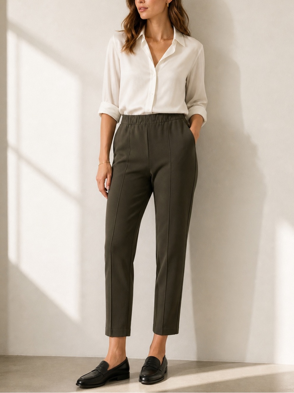 Everlane Dream Pant Medium Kalamata Olive Pull On Stretch Pintuck Work Pants